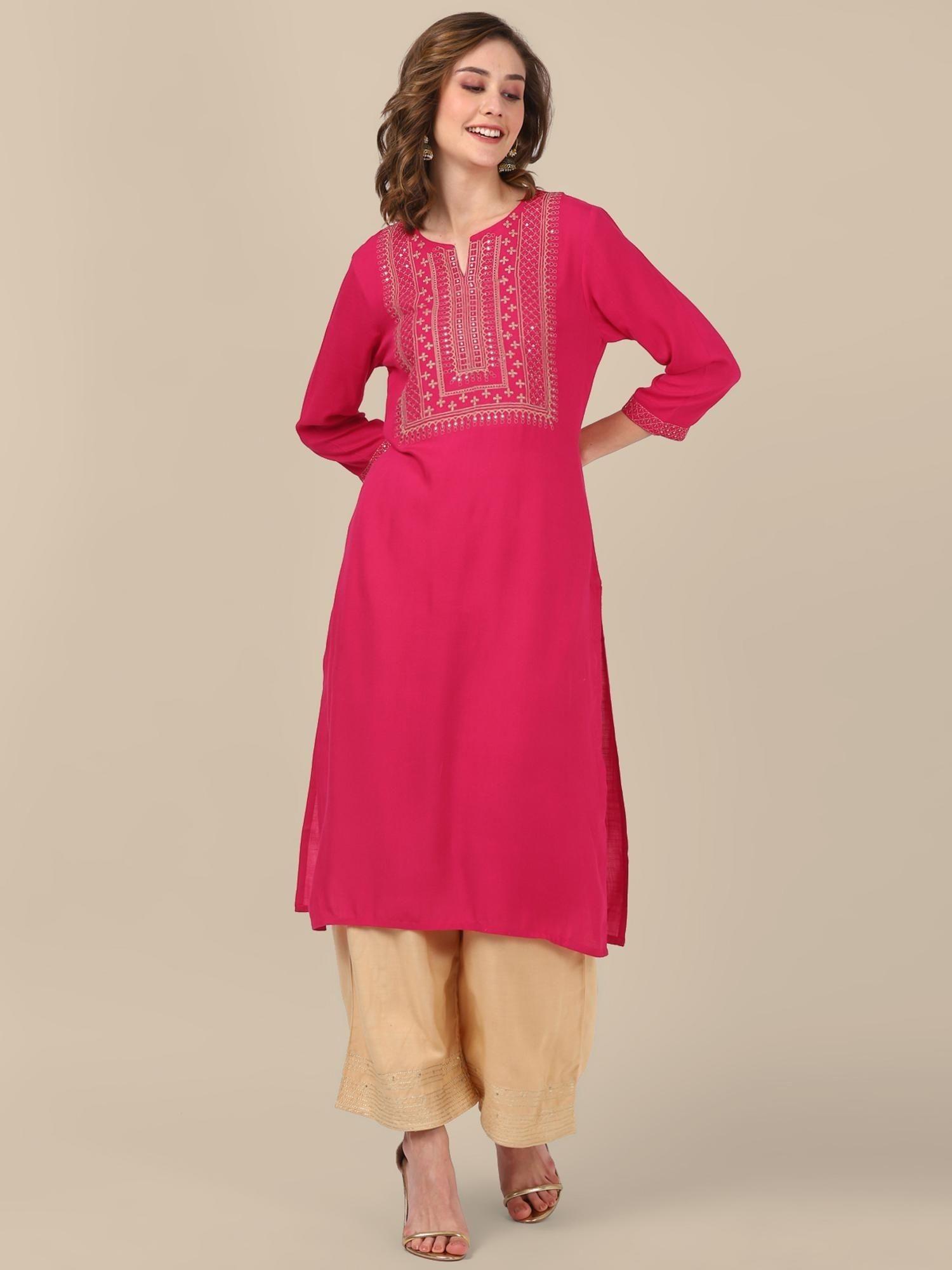 rayon pink yoke embellished calf length straight kurta