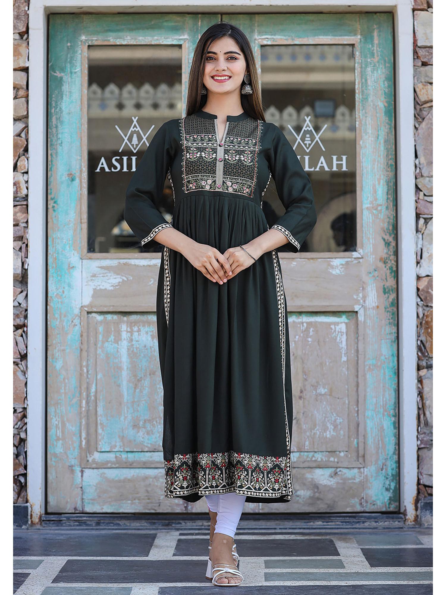 rayon printed dark green side slit long ethnic kurta