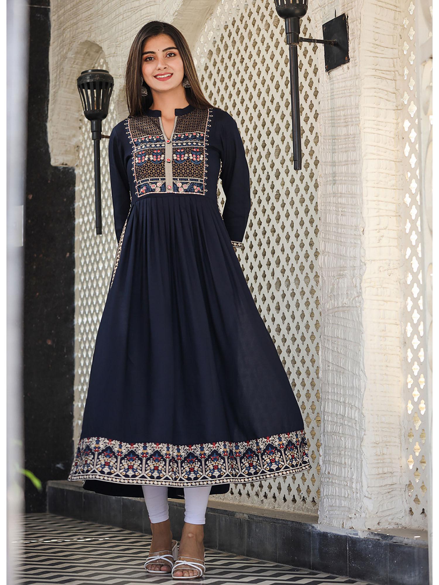 rayon printed navy blue side slit long ethnic kurta