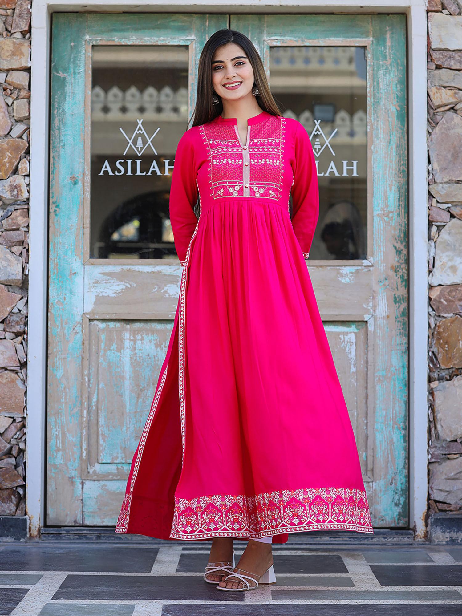 rayon printed pink side slit long ethnic kurta