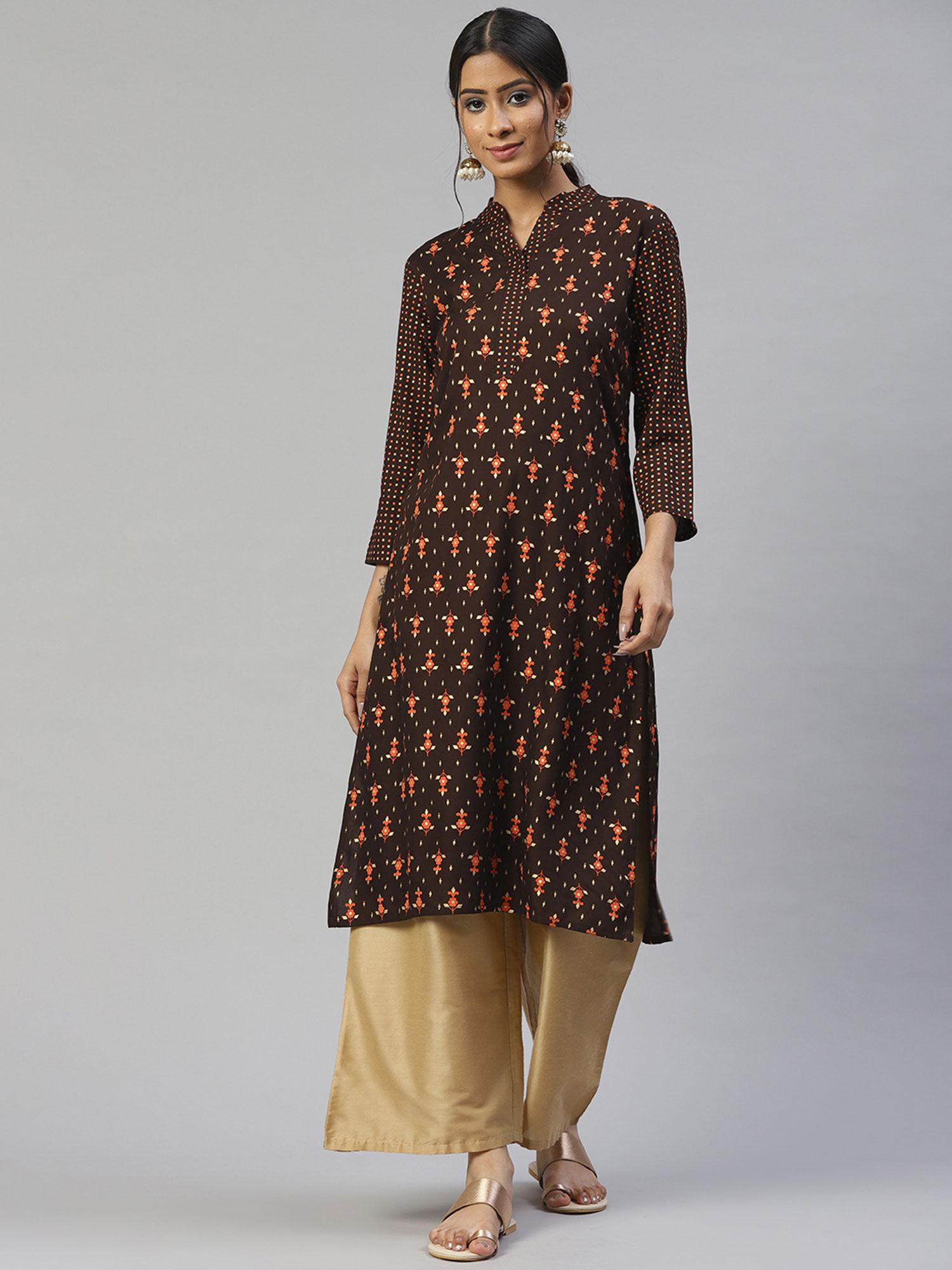 rayon printed straight kurta brown