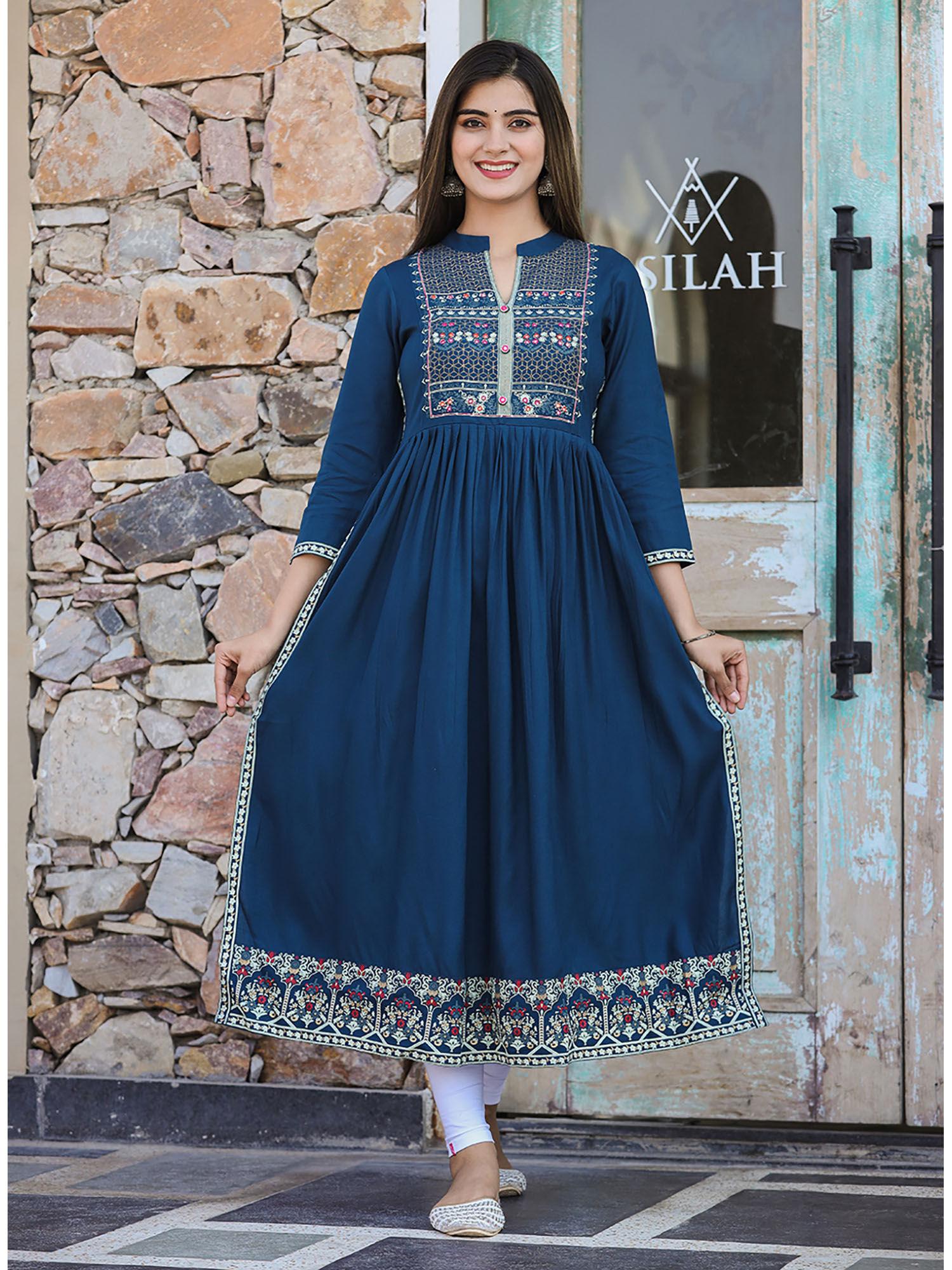 rayon printed teal side slit long ethnic kurta