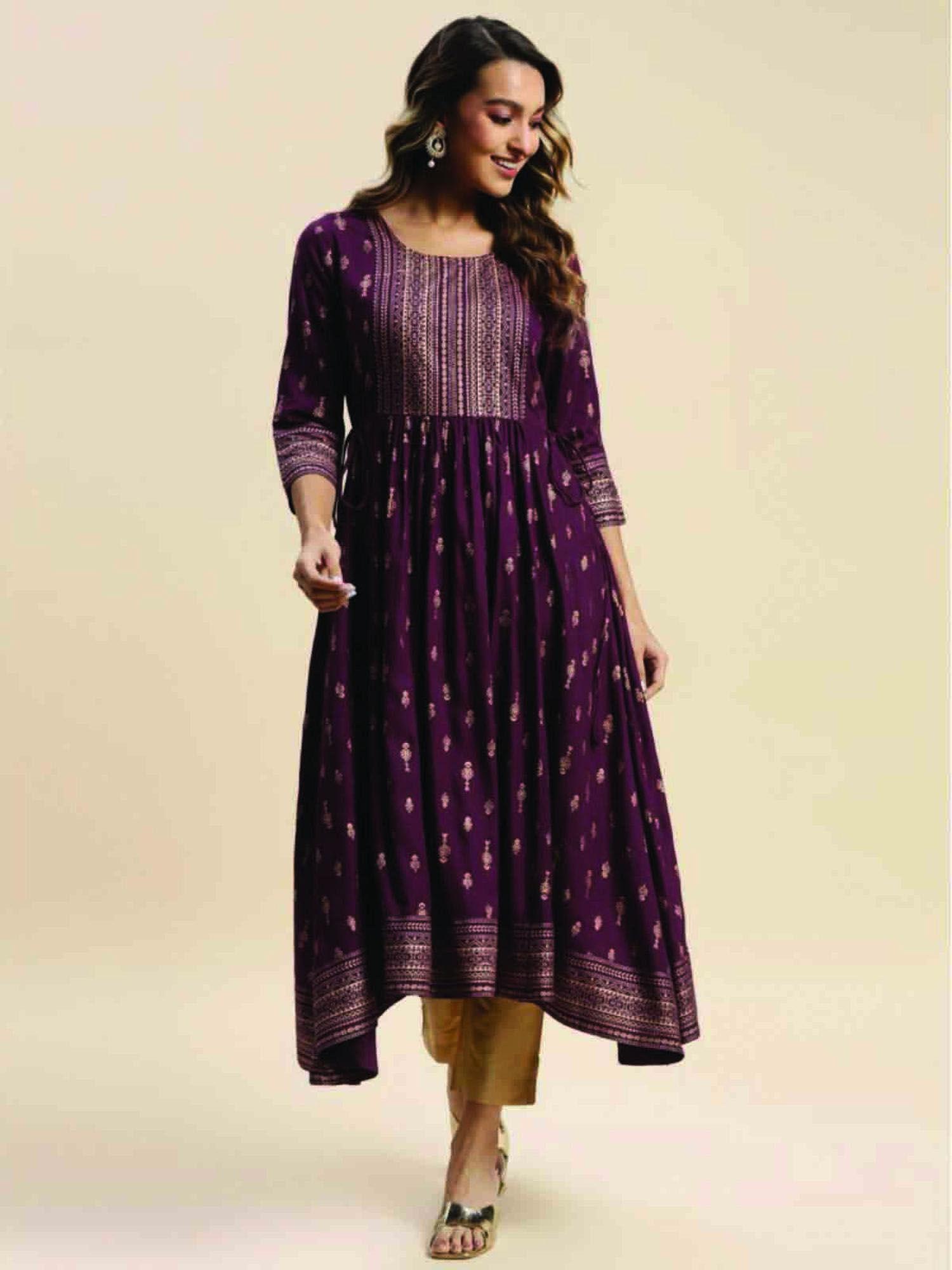 rayon purple gold printed calf length anarkali kurta