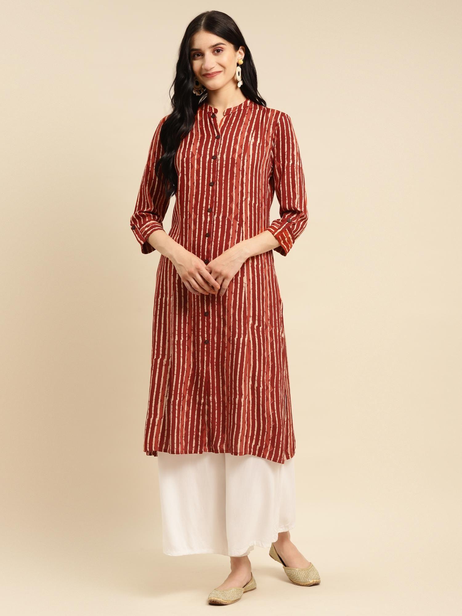 rayon rust tonal printed calf length kalidar kurta with front button placket