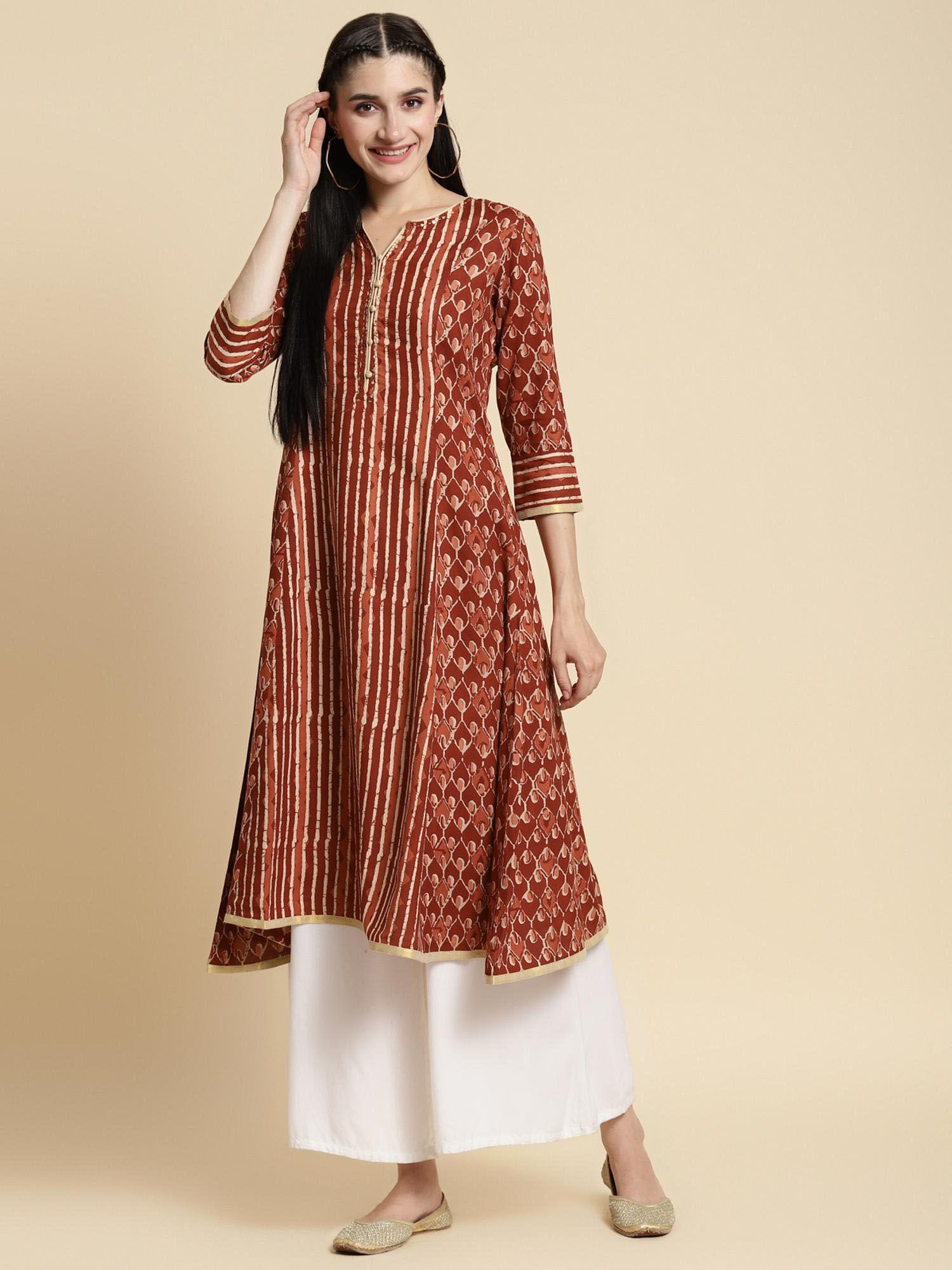 rayon rust tonal printed calf length kalidar kurta