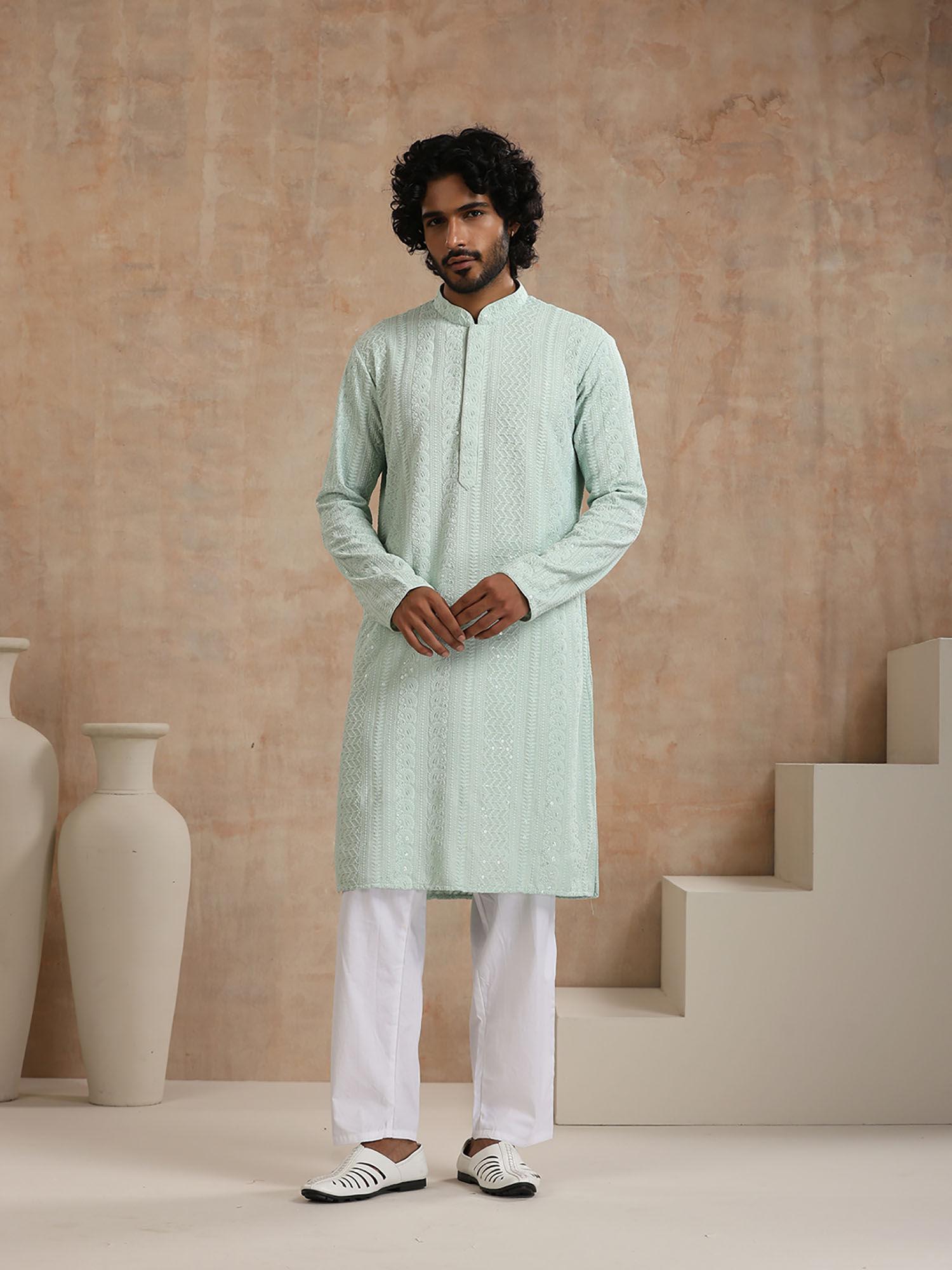 rayon schiffli solid mens long kurta- green