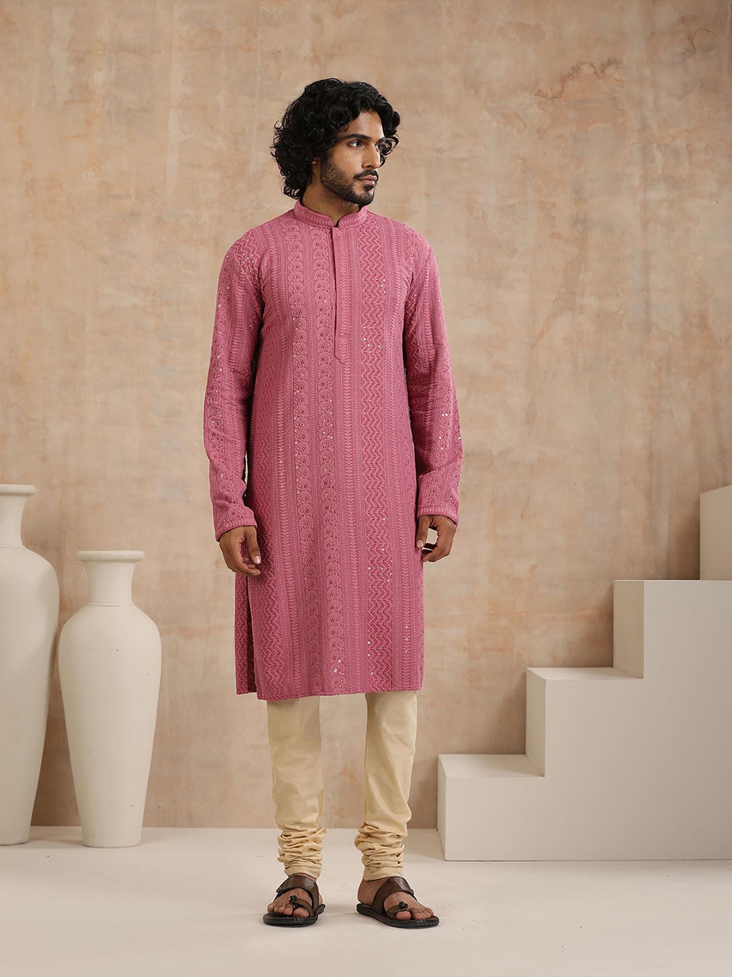 rayon schiffli solid mens long kurta- pink