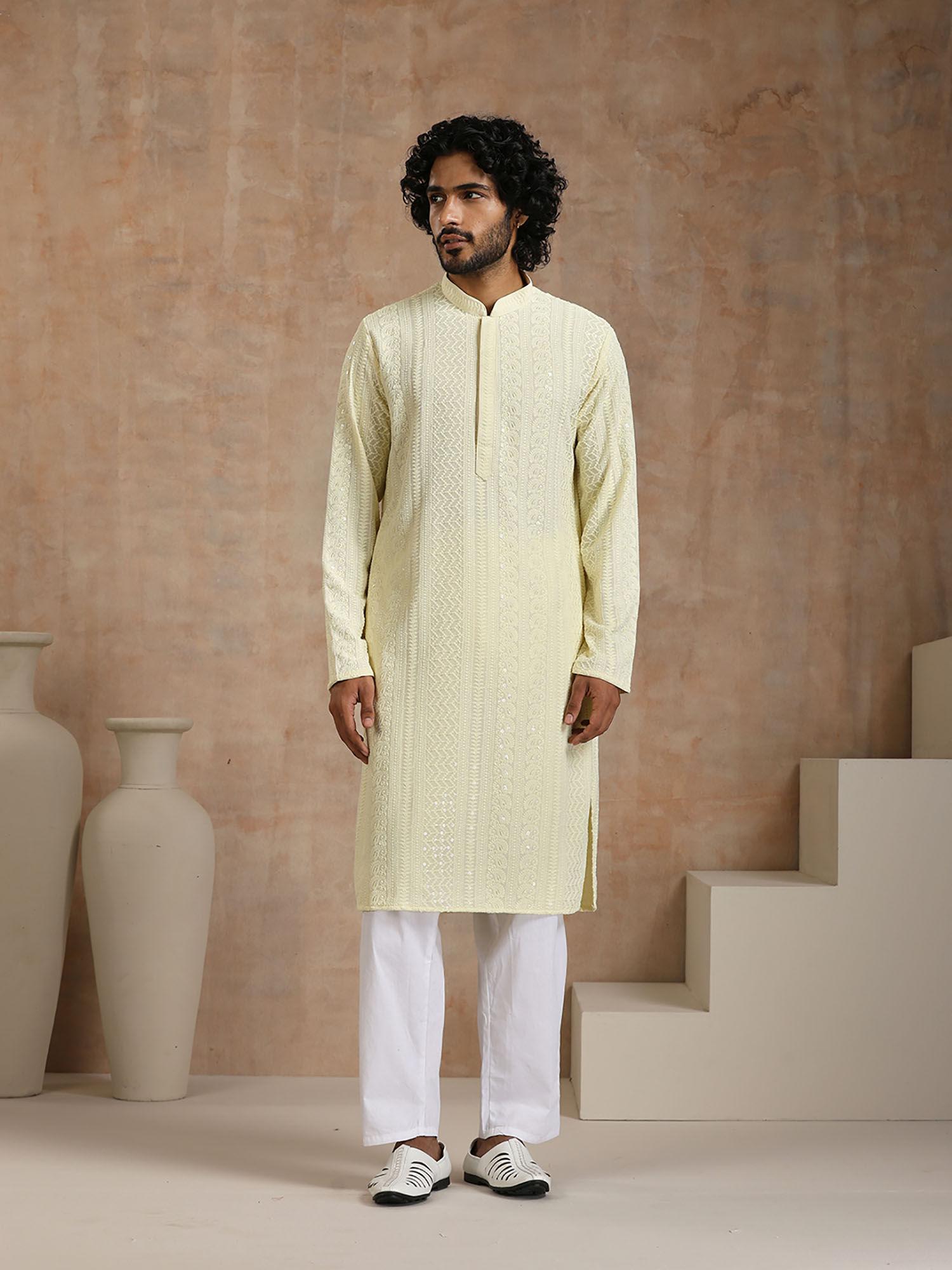 rayon schiffli solid mens long kurta- yellow