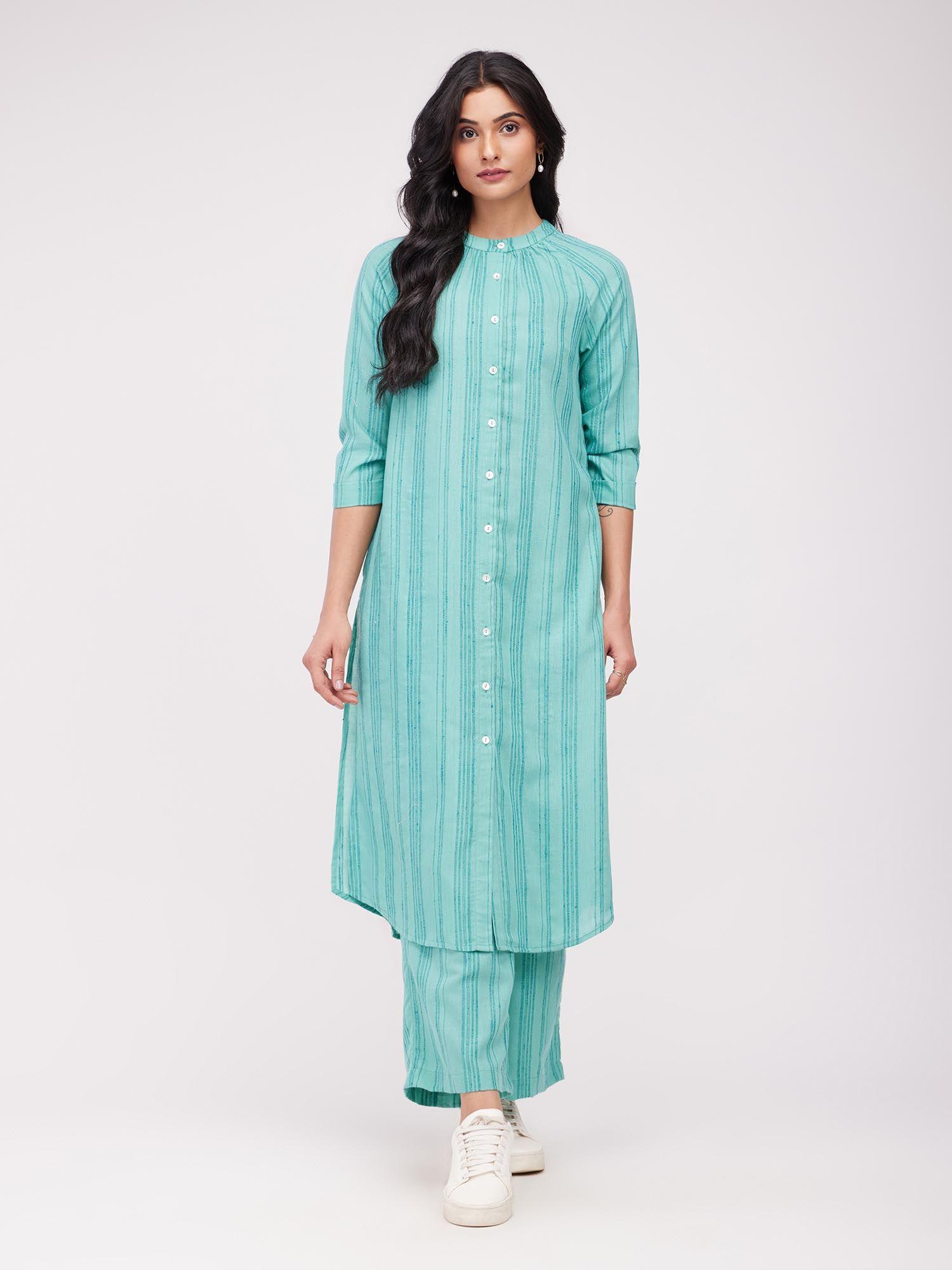 rayon striped woven kurta blue