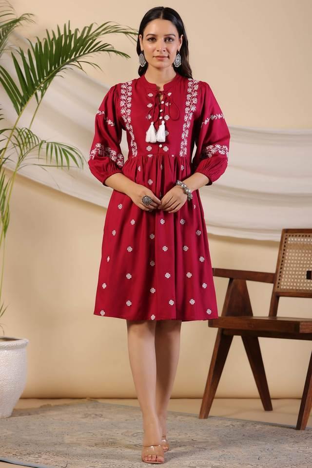 rayon wine cross stitched embroidered short dress with dori tie ups _ tassels