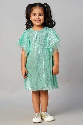 razzle dazzle solid polyester round neck girls party wear dress - green