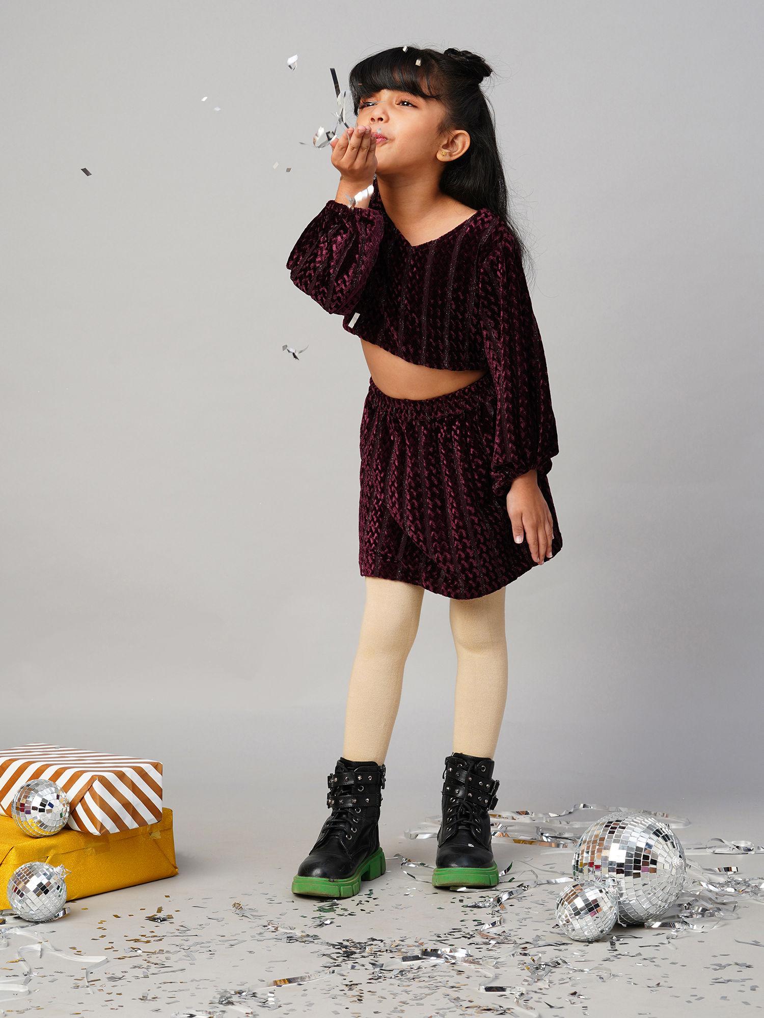 razzle dazzle girls party wine velvet top with skirt (set of 2)