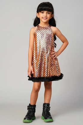 razzle dazzle printed polyester round neck girls party wear dress - gold
