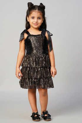 razzle dazzle printed polyester square neck girls party wear dress - black