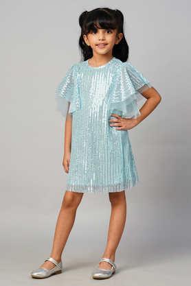 razzle dazzle solid polyester round neck girls party wear dress - blue