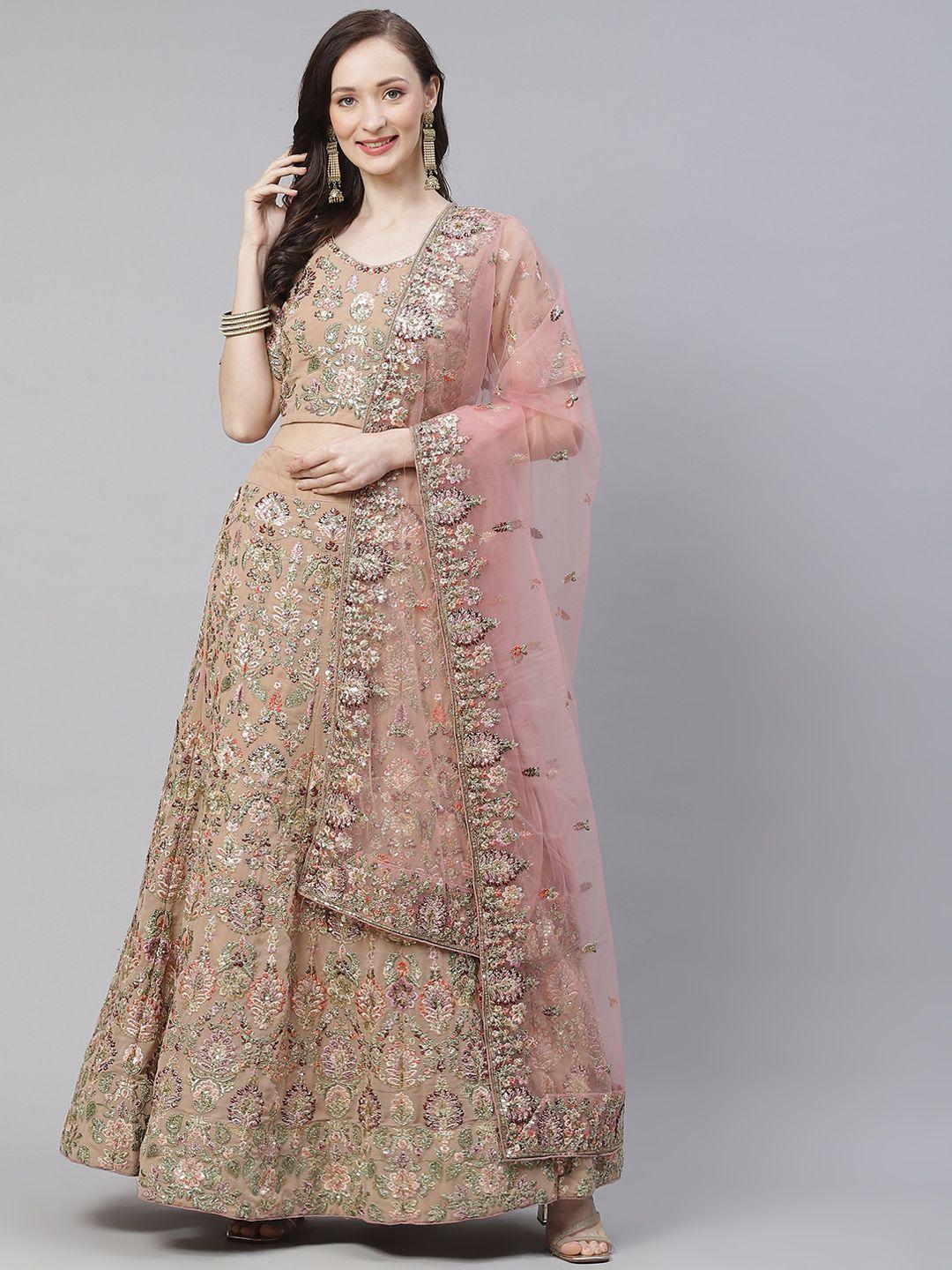 readiprint fashions beige & pink embroidered sequinned semi-stitched lehenga & unstitched blouse with