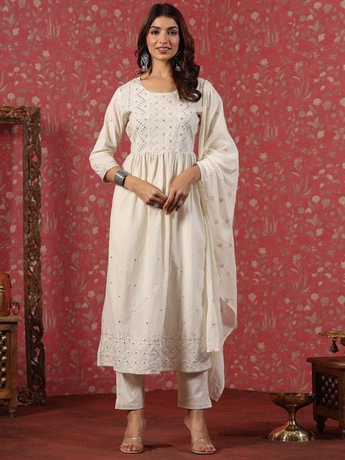 readiprint fashions beige cotton embroidered kurta pant set with dupatta