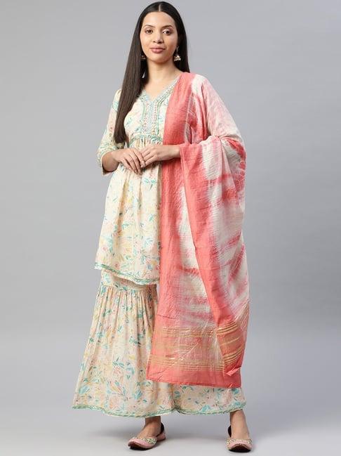 readiprint fashions beige cotton floral print kurti sharara set with dupatta