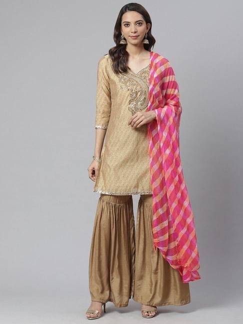 readiprint fashions beige embroidered unstitched dress material with dupatta