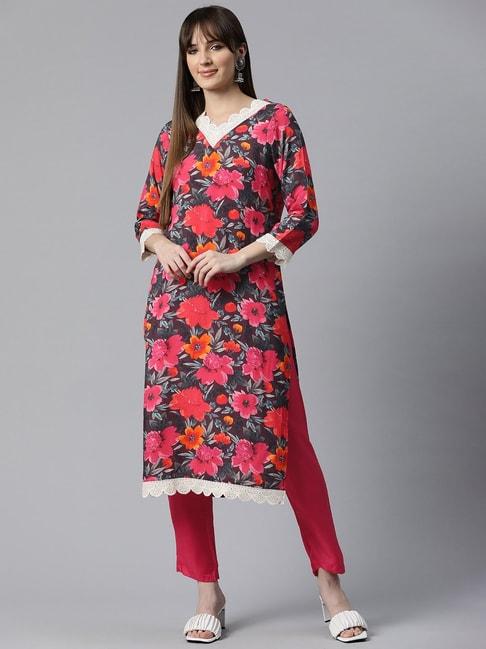 readiprint fashions black & pink floral print kurta pant set