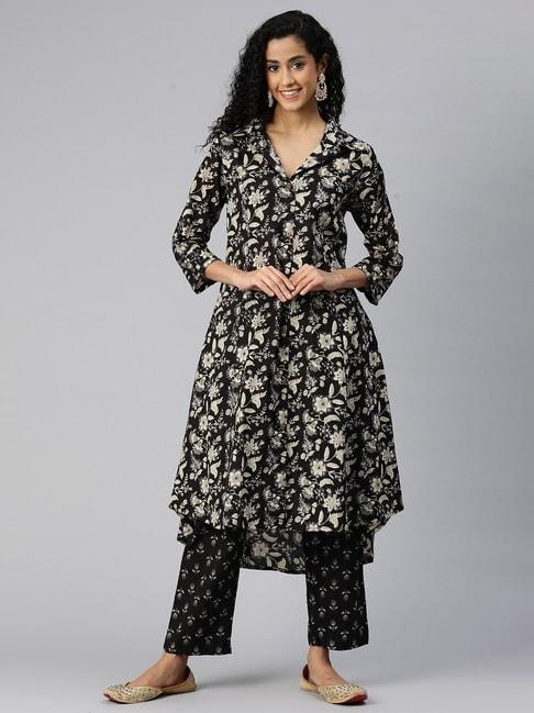 readiprint fashions black cotton floral print kurta pant set