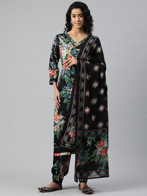readiprint fashions black cotton floral print kurta salwaar set with dupatta