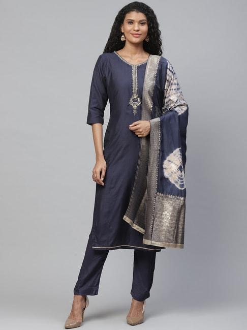 readiprint fashions blue embroidered unstitched dress material with dupatta