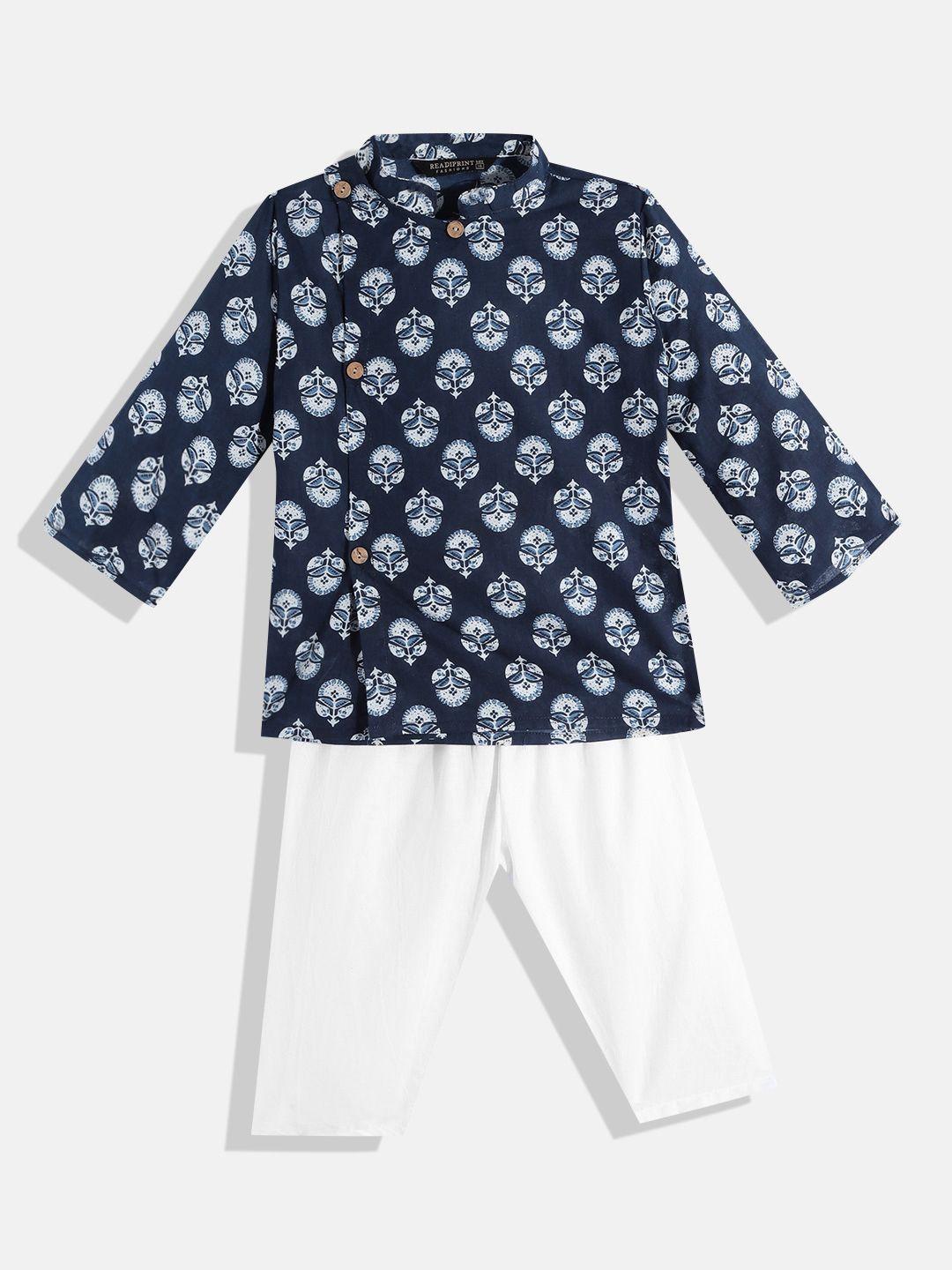 readiprint fashions boys blue & white floral print pure cotton kurta with pyjamas