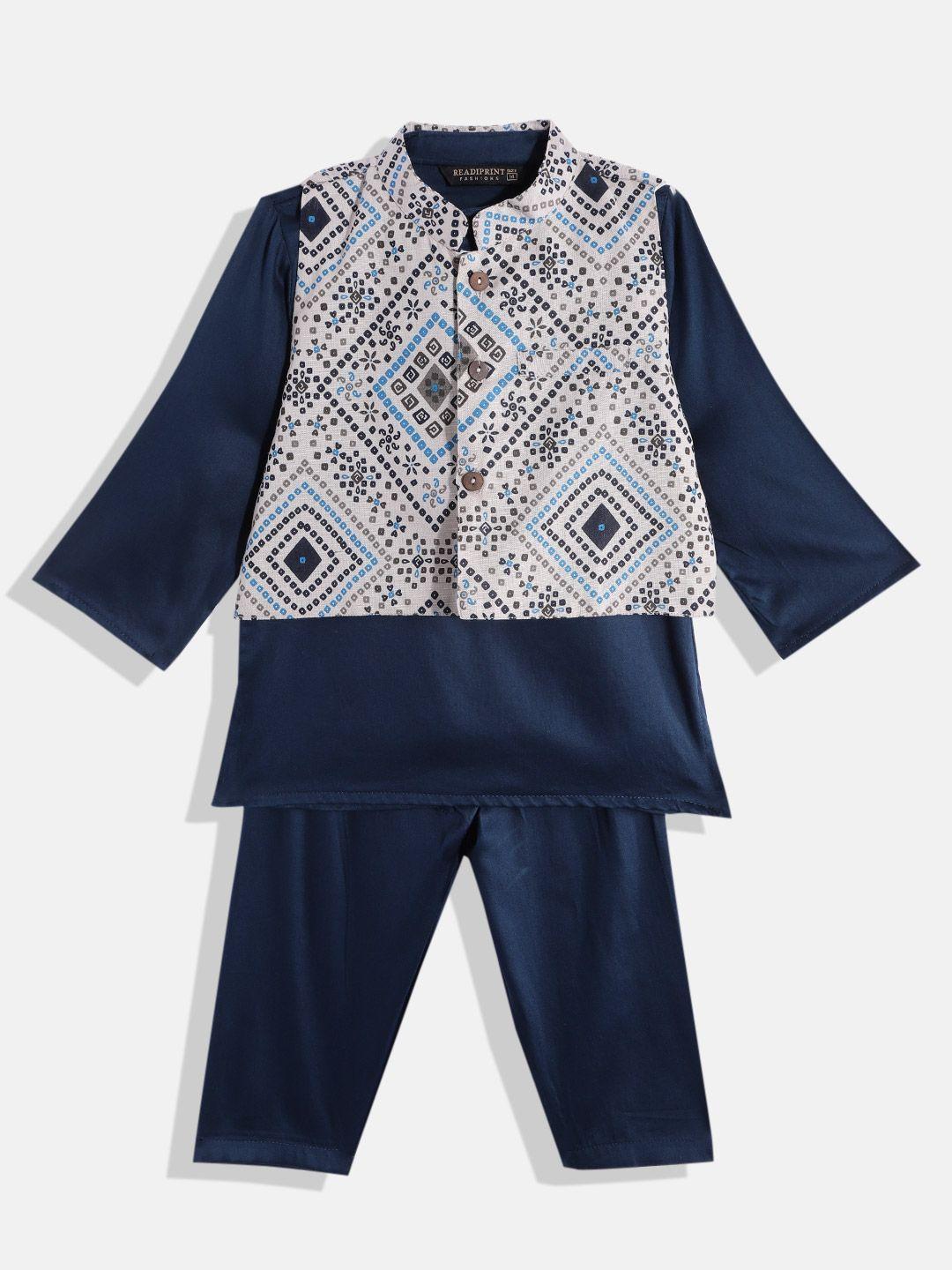 readiprint fashions boys navy blue pure cotton kurta with pyjamas & nehru jacket