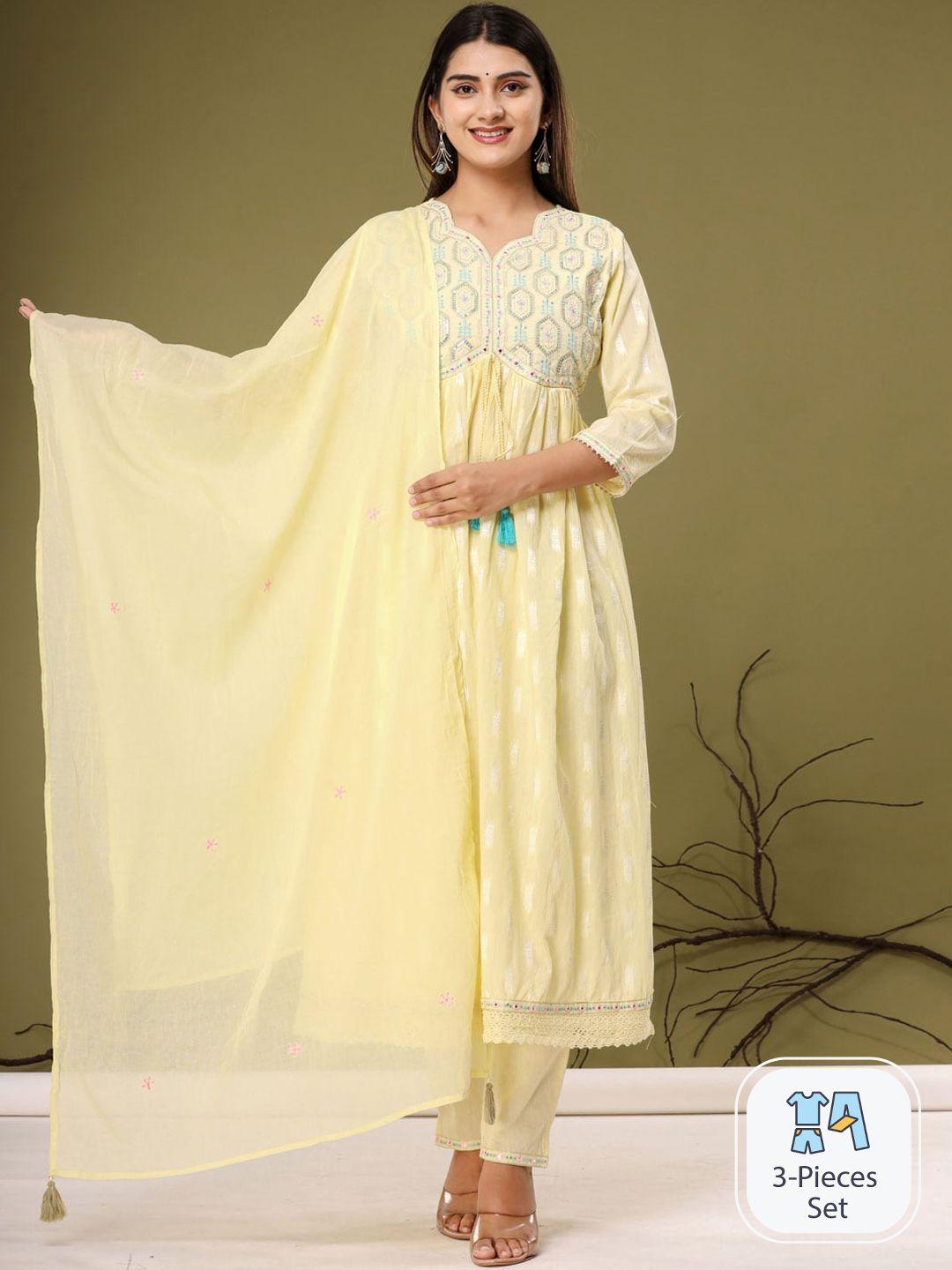 readiprint fashions ethnic motifs embroidered pure cotton kurta with trousers & dupatta