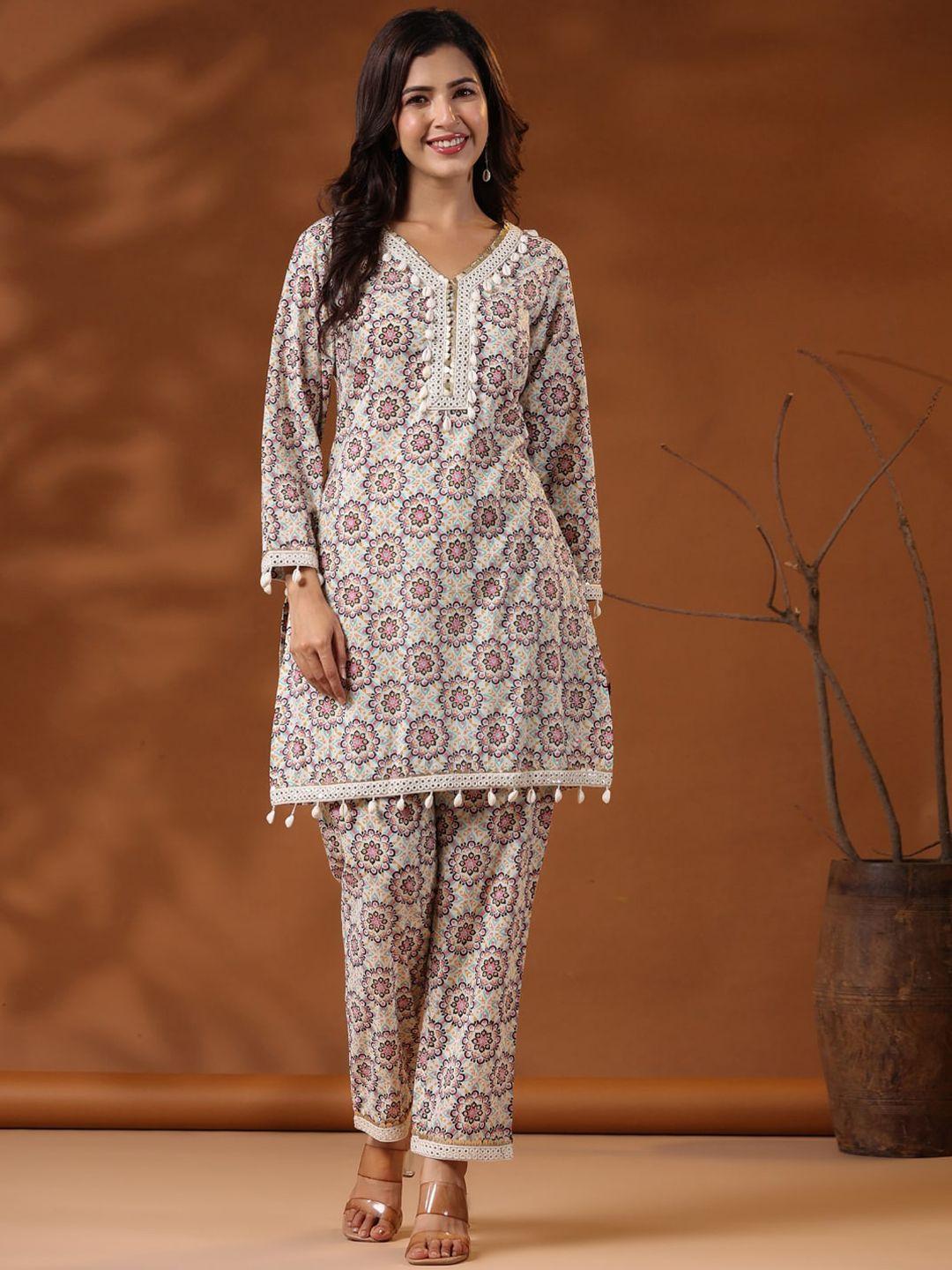 readiprint fashions ethnic motifs printed mirror work cotton straight kurta with trousers