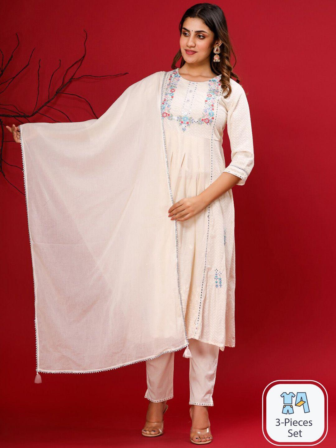 readiprint fashions floral embroidered pure cotton anarkali kurta trousers with dupatta