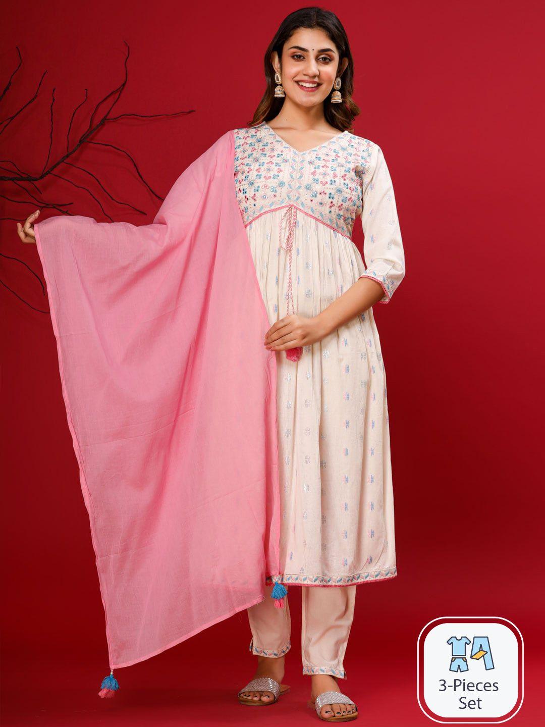 readiprint fashions floral embroidered pure cotton anarkali kurta with trousers & dupatta