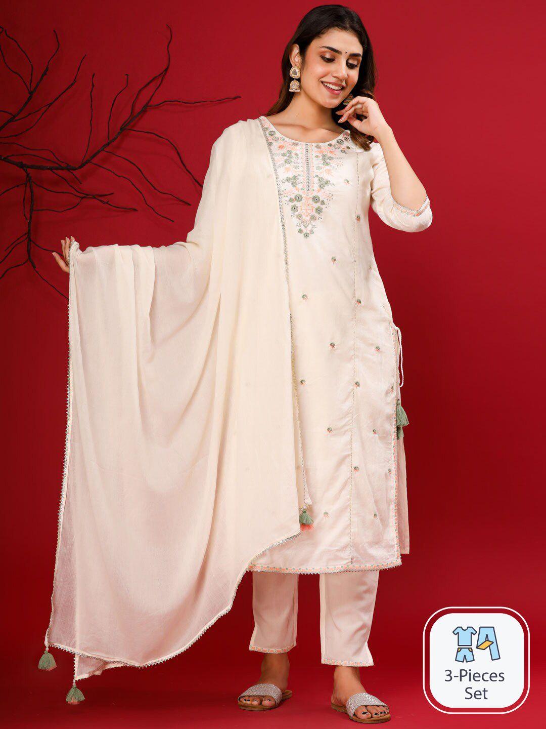 readiprint fashions floral embroidered pure cotton straight kurta with trousers & dupatta