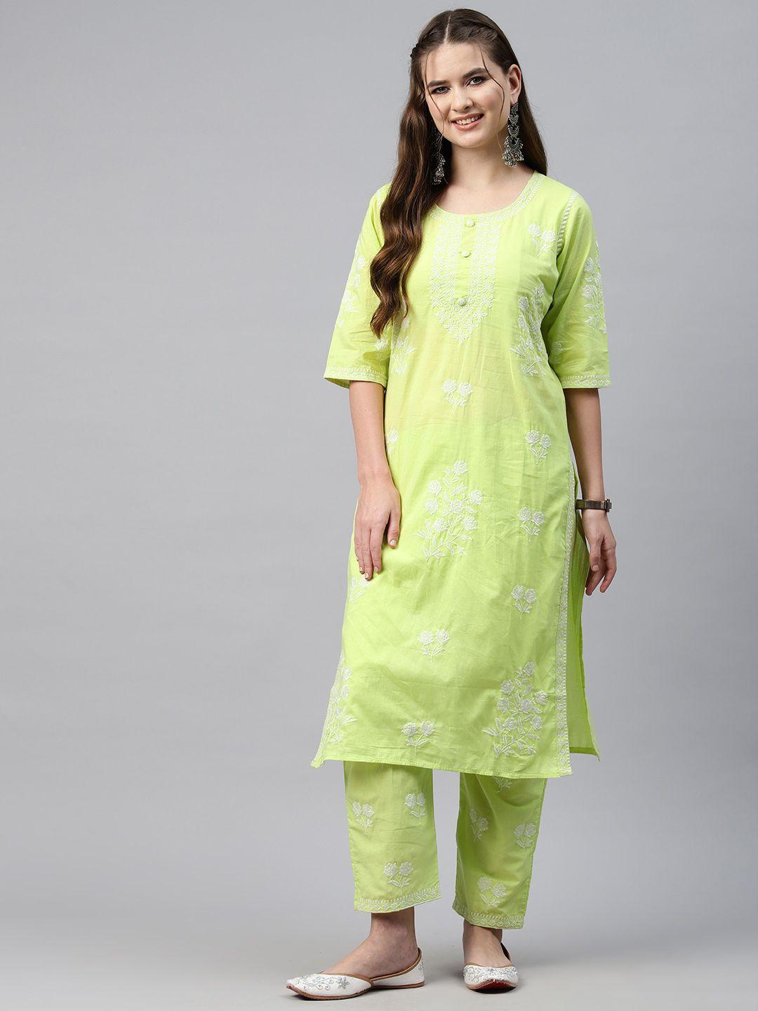 readiprint fashions floral embroidered thread work pure cotton kurta with trousers