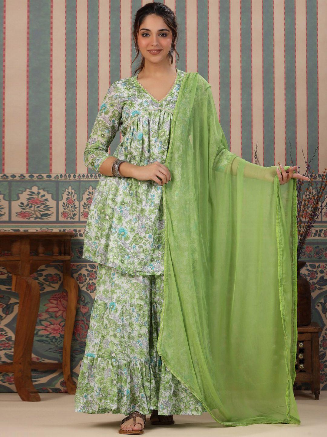 readiprint fashions floral printed empire a-line pure cotton kurti with sharara & dupatta