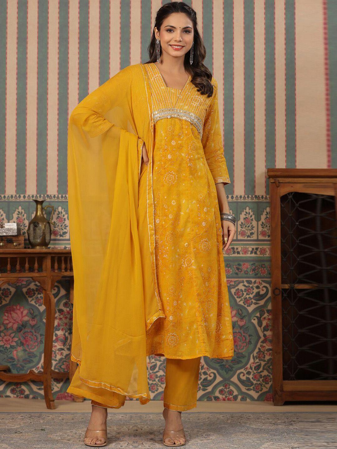 readiprint fashions floral printed empire pure cotton kurta with trousers & dupatta