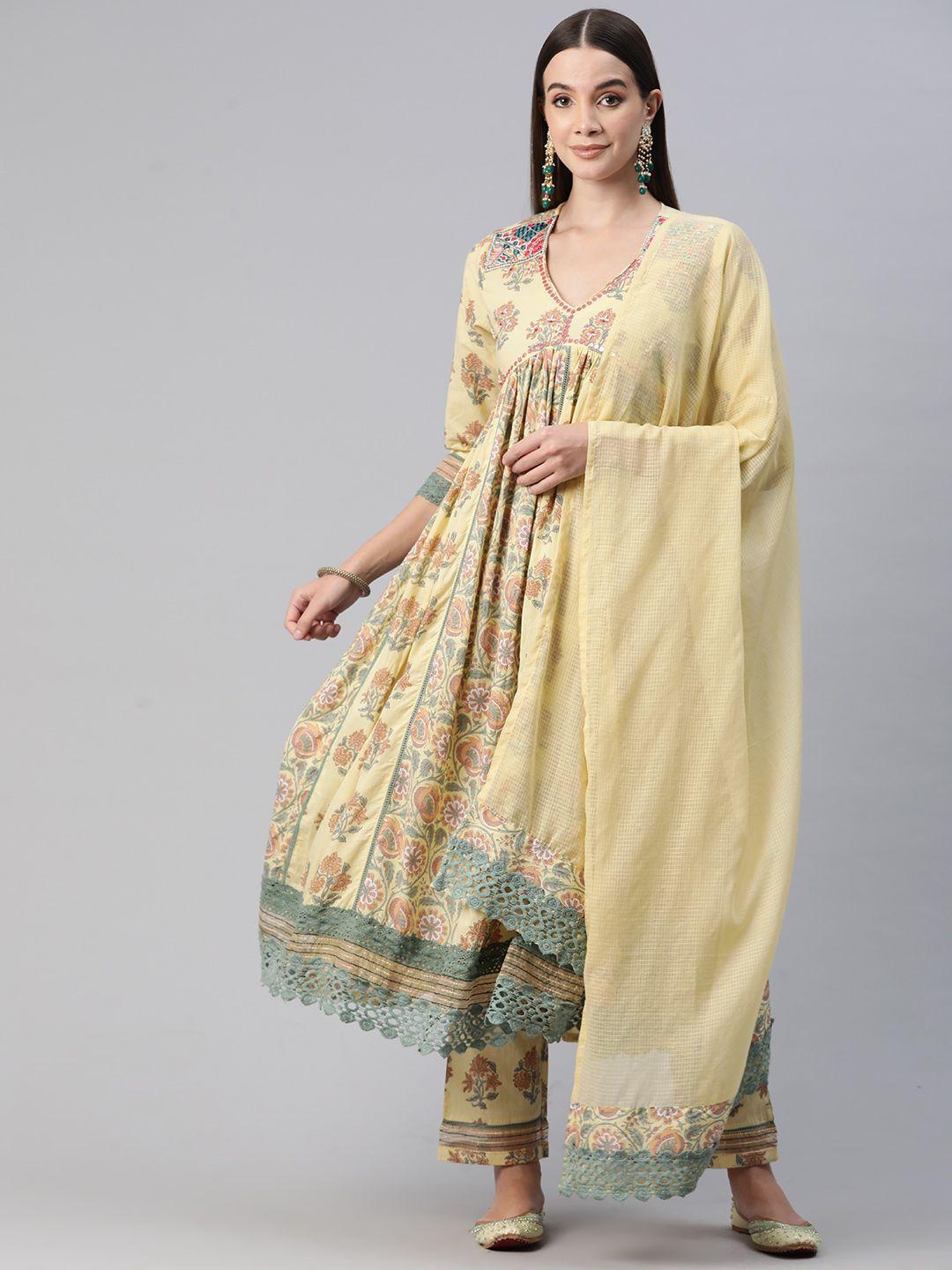 readiprint fashions floral printed empire zari pure cotton kurta with trousers & dupatta