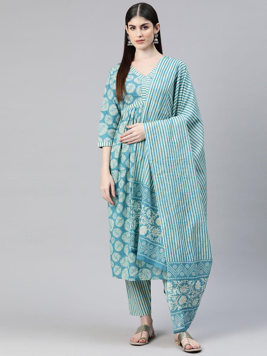 readiprint fashions floral printed pleated sequinned cotton kurta with palazzos & dupatta