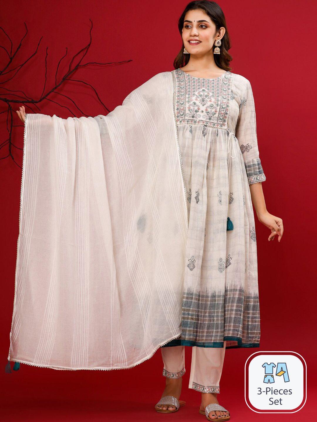 readiprint fashions floral printed sequinned pure cotton kurta with trousers & dupatta