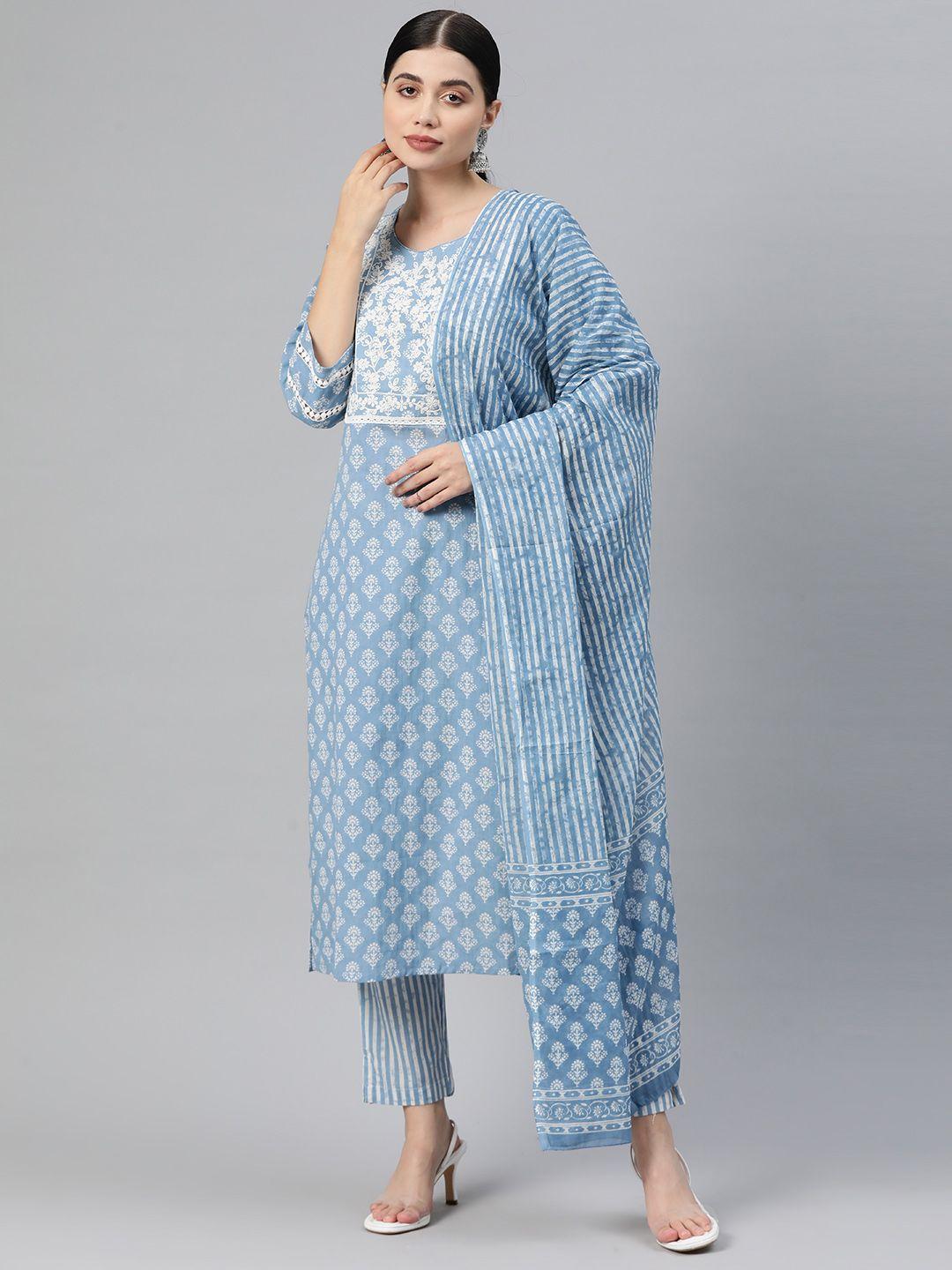 readiprint fashions floral printed thread work pure cotton kurta with trousers & dupatta