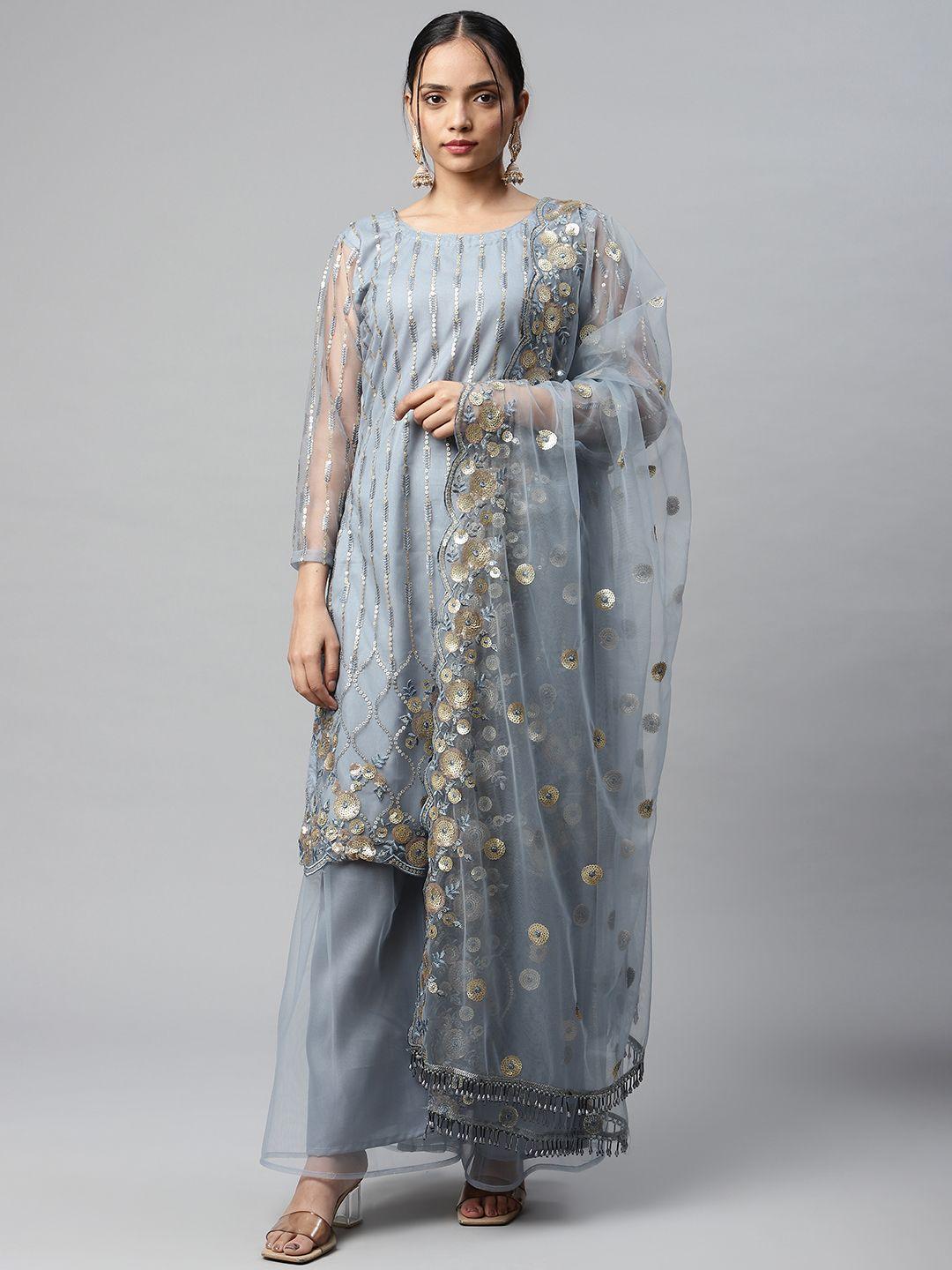 readiprint fashions grey & gold-toned embroidered unstitched dress material