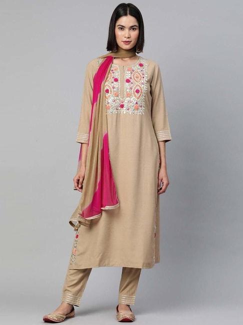 readiprint fashions khaki embroidered kurta pant set with dupatta