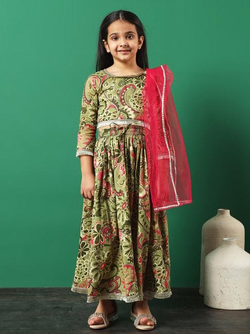 readiprint fashions kids green printed lehenga, choli with dupatta