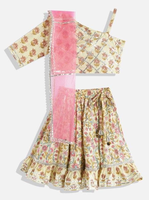 readiprint fashions kids light yellow & pink floral print lehenga, choli with dupatta