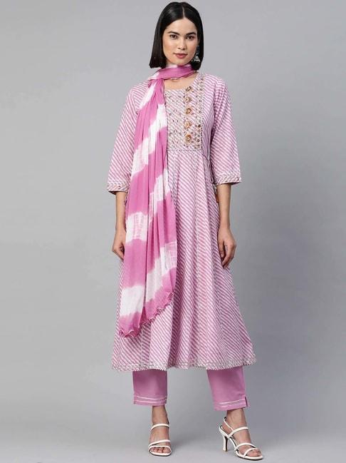readiprint fashions mauve cotton embroidered kurta pant set with dupatta