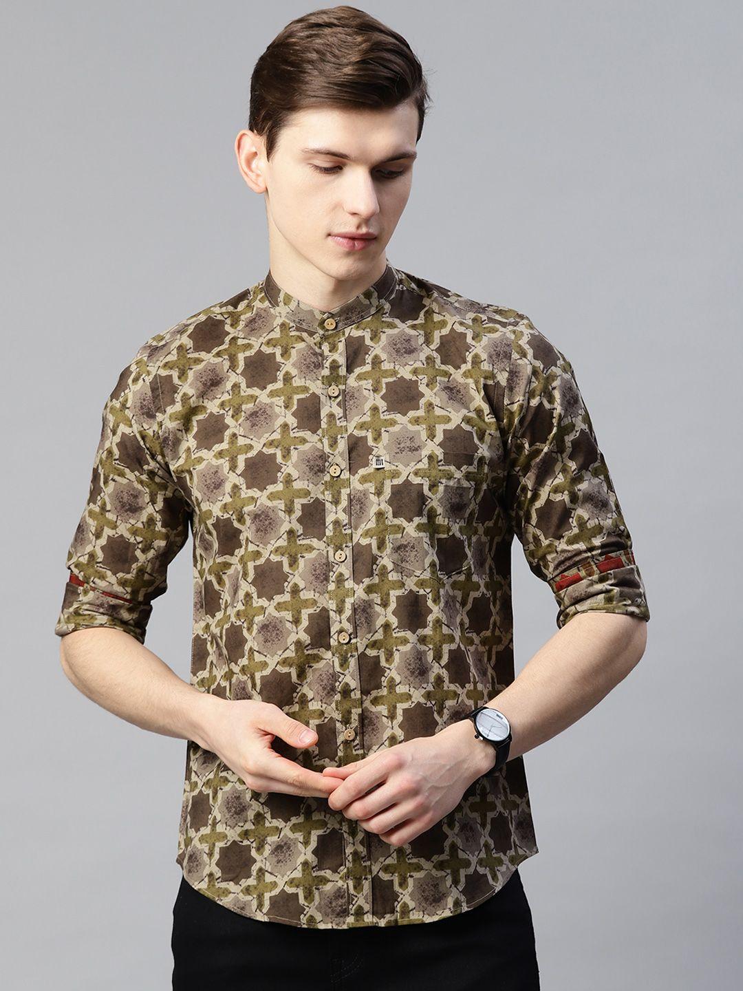 readiprint fashions men olive green & brown comfort printed cotton casual shirt