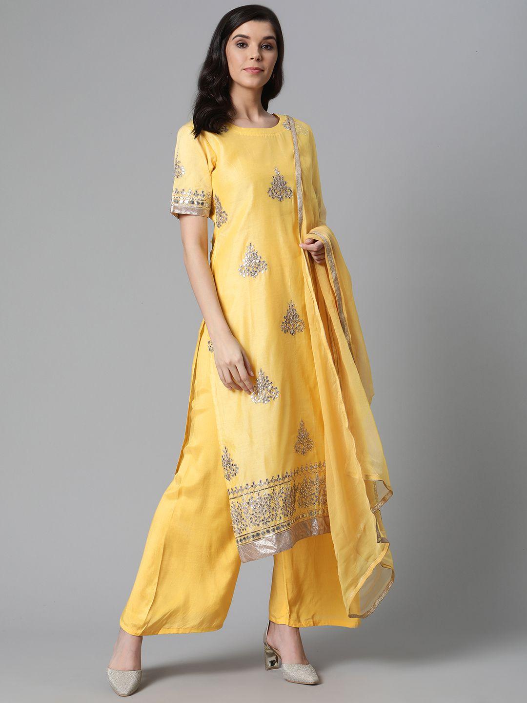 readiprint fashions mustard & gold-toned silk blend unstitched dress material