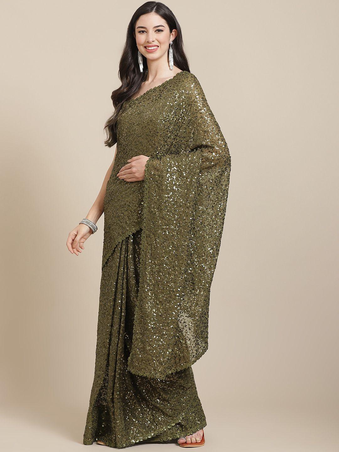 readiprint fashions olive green sequinned pure georgette heavy work saree