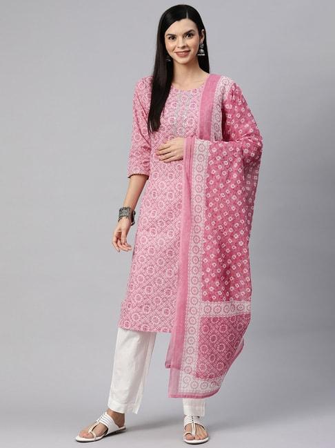 readiprint fashions pink & white cotton printed kurta pant set with dupatta